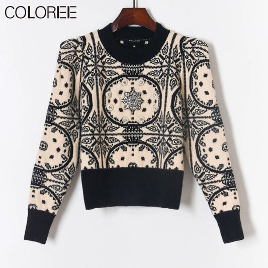 Vintage Jacquard Beading Sweaters for Women Fashion 2022 Autumn Winter Clothes Runway Designer Pull Femme Suéter De Navidad - Mammalook
