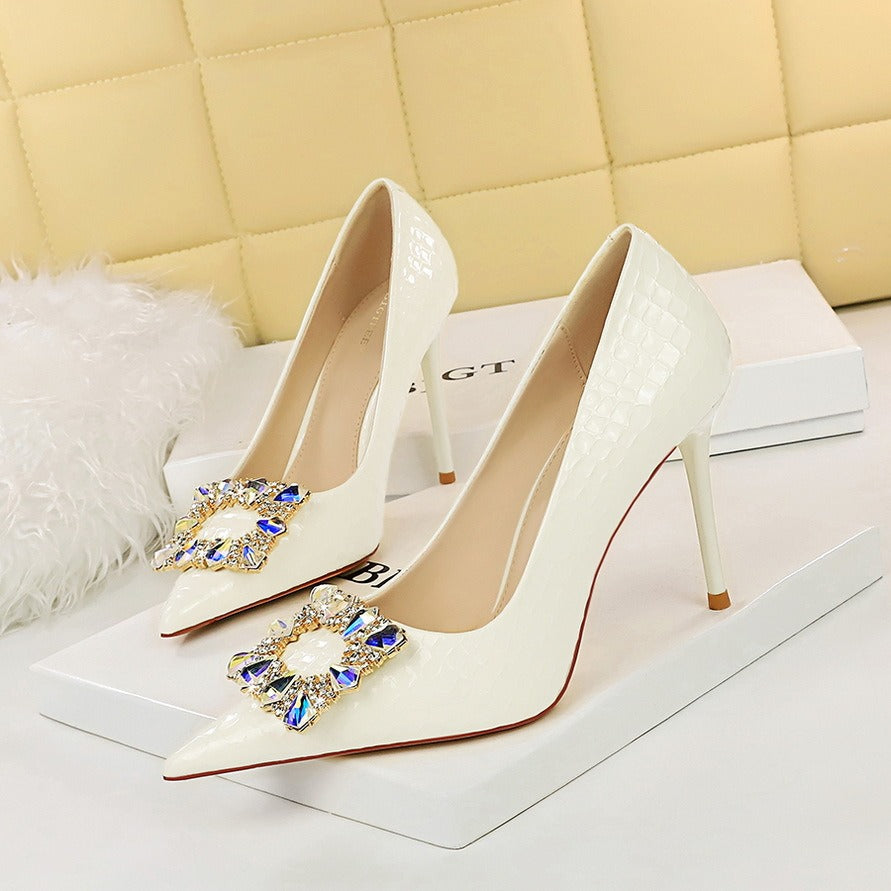Banquet high heels thin women shoes stiletto super high heel shallow mouth pointed metal rhinestone buckle single shoes - Mammalook