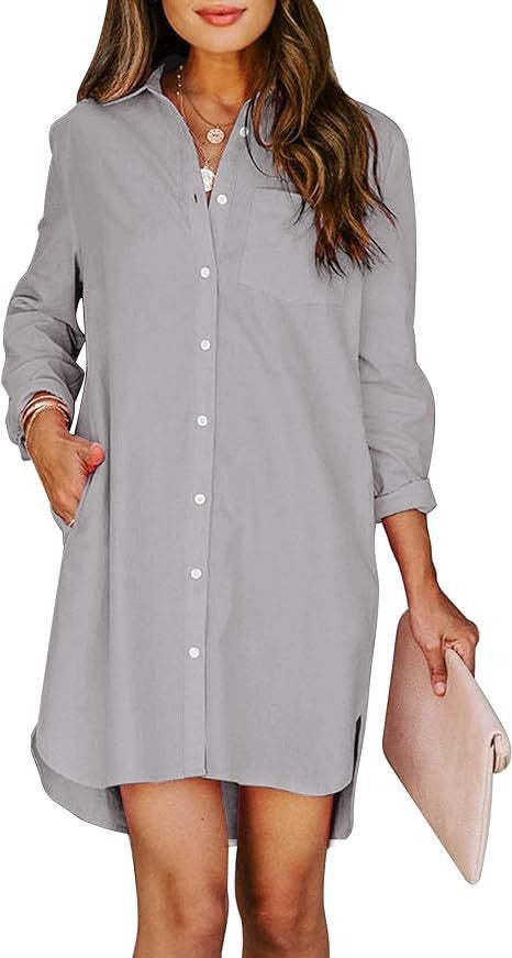 Women's button up shirt dress with pockets, cotton button up waist tied long sleeved solid color high and low shirt - Mammalook