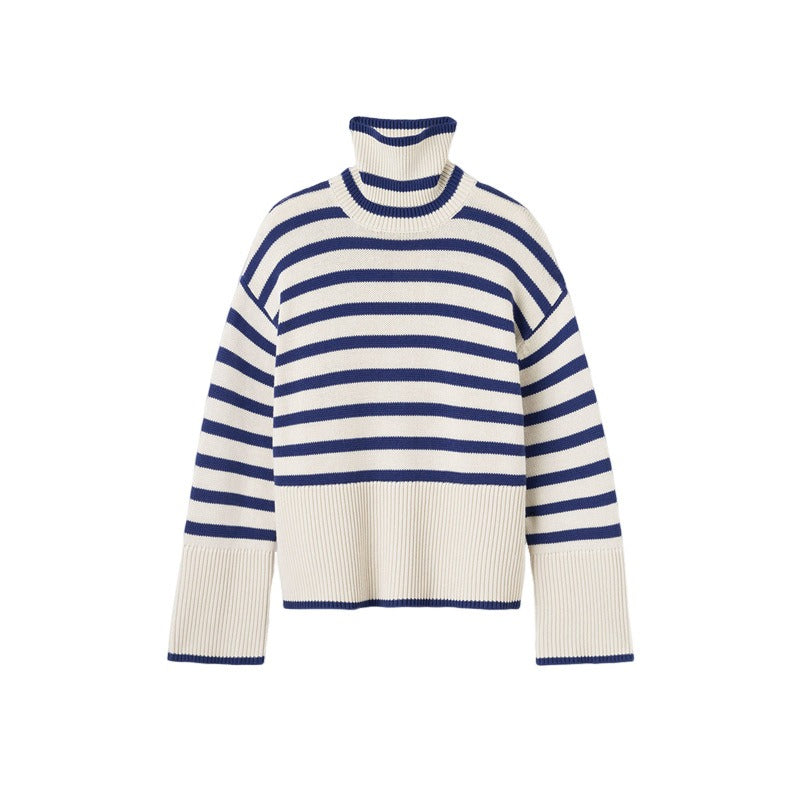 Versatile Knitting Turtleneck Striped Pullover Sweater For Women Long Sleeve Female Simplicity Clothing - Mammalook