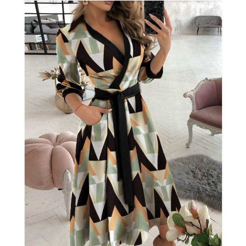 Fashionable short sleeved V-neck printed buttocks wrapped women's clothing - Mammalook