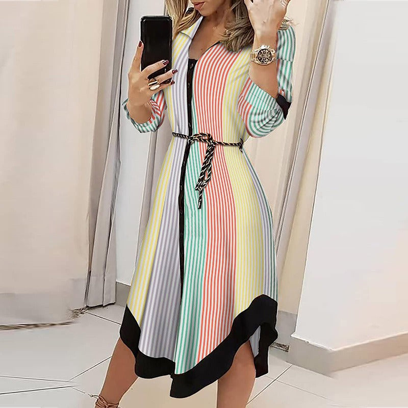 Mid length skirt printed plaid lapel tie up dress - Mammalook