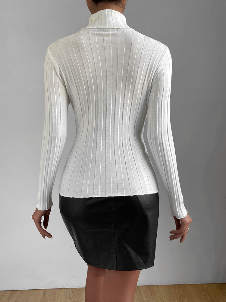 Women's Solid Color Knitwear Comfortable Slim Long Sleeve Top High Neck Sweater - Mammalook