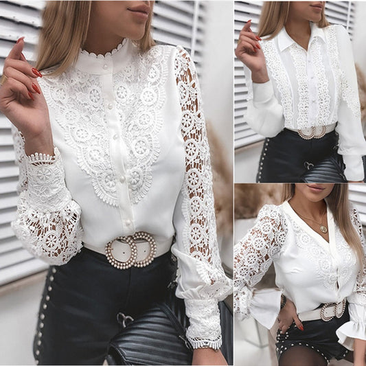 White Lace Long Sleeved V Neck Shirt
