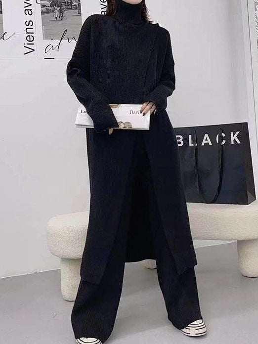 Blue Slit Long Knitting Dress Women Big Size New Turtleneck Long Sleeve Loose Fit Fashion - Mammalook