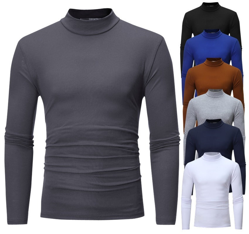 New Autumn And Winter Men's Casual Solid Color High Collar Men's Slim Long Sleeved T-Shirt Bottoming Shirt - Mammalook
