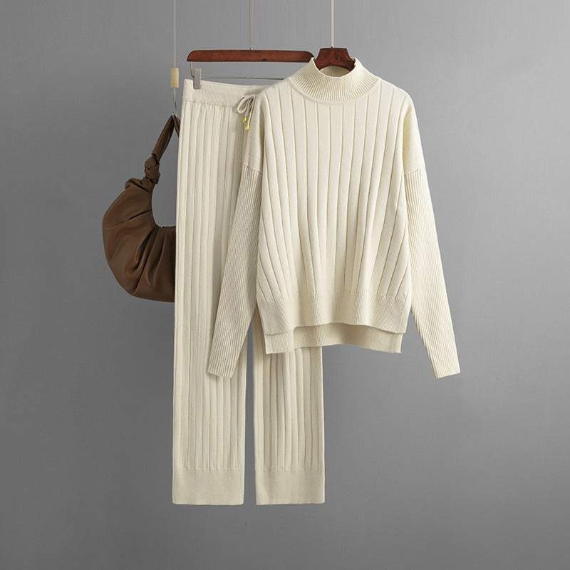 New Autumn and Winter Hollow Half Turtleneck Sweater Set Solid Color Loose Warm Pullover Two-piece Set - Mammalook