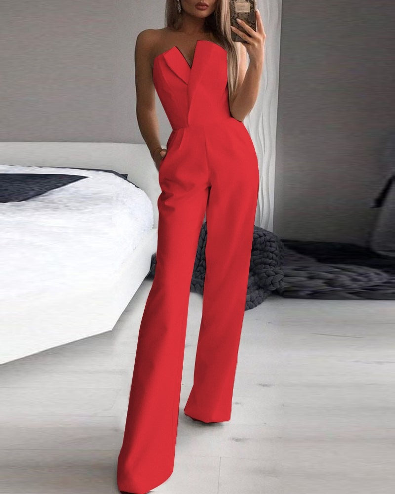 Jumpsuit with slanted collar and mid waist for a stylish commuting jumpsuit - Mammalook