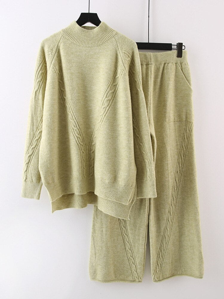 Woman Knitted Suit Hemp Pattern Irregular Thick Pullover Sweater Wide Leg Pants Casual Style New Autumn Fashion - Mammalook