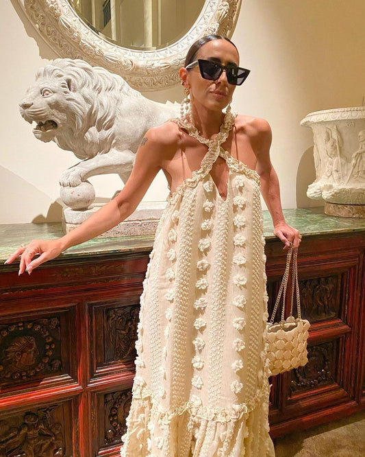 Fashion neck hanging three-dimensional flower floor mopping cake dress cross-border - Mammalook