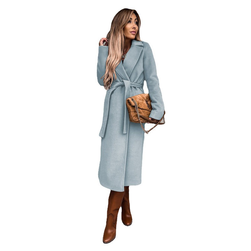 Women's Solid Color Lapel Long-Sleeved Woollen Jacket with Simple Strap Windbreaker - Mammalook