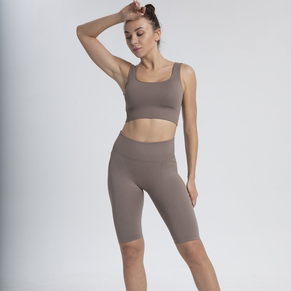Threaded Yoga Suit Sportswear Summer Short-Sleeved Shorts Bra Tight-Fitting Clothes - Mammalook