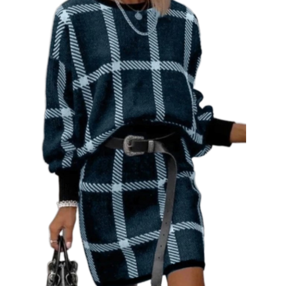 Round necked plaid pullover long sleeved woolen short skirt set of two pieces - Mammalook