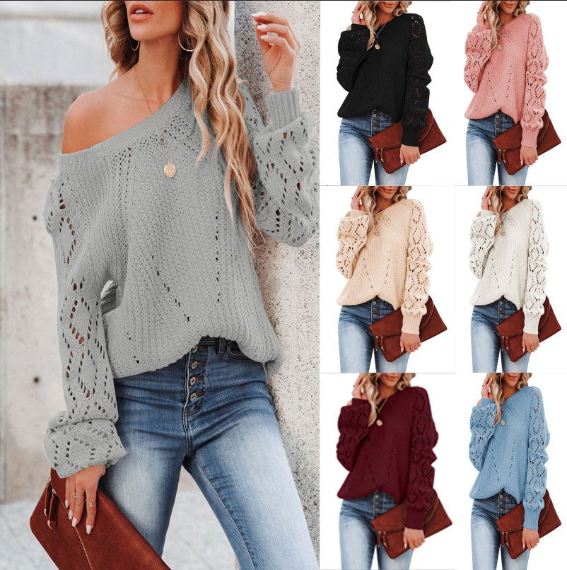 Solid Color Loose Top Women's Autumn And Winter New Hollow Pattern Round Neck Sweater - Mammalook