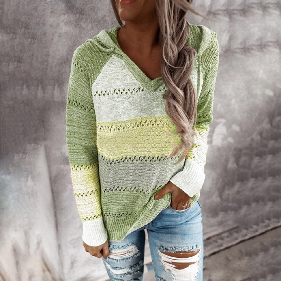 Autumn Winter Sweaters Women Hollow Long Sleeve Sweater Hoodie Tops V Neck Patchwork Casual Knitted Elegant Pullover Jumper - Mammalook