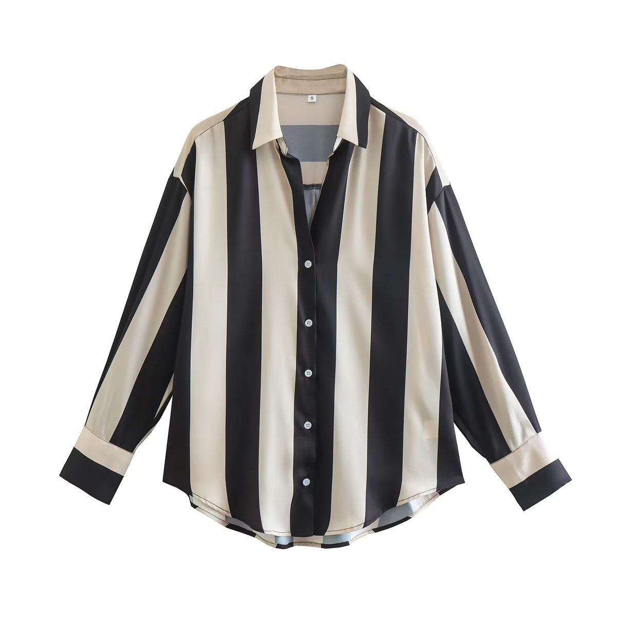 Autumn New Loose Slim Tricolor Vertical Stripe Splice Shirt Top Women - Mammalook