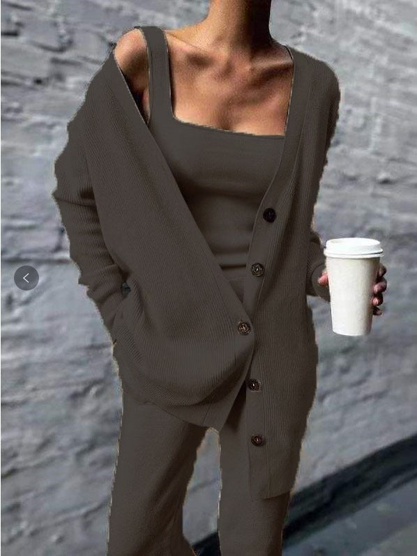 Solid color knitted jacket three piece set - Mammalook