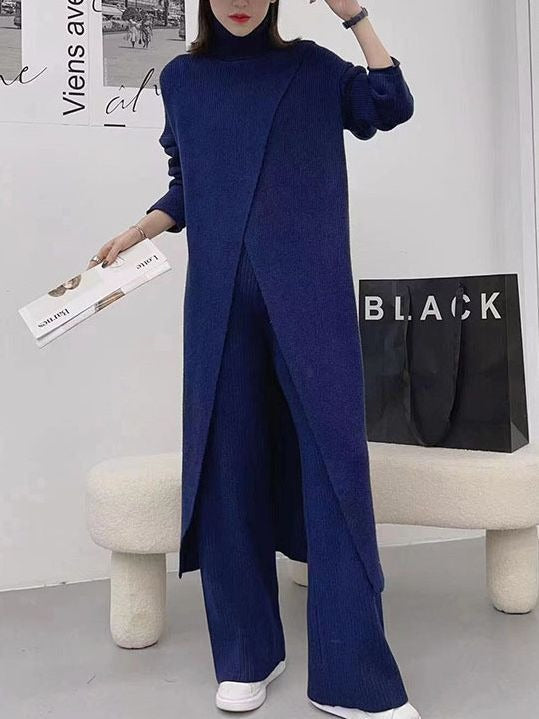 Blue Slit Long Knitting Dress Women Big Size New Turtleneck Long Sleeve Loose Fit Fashion - Mammalook