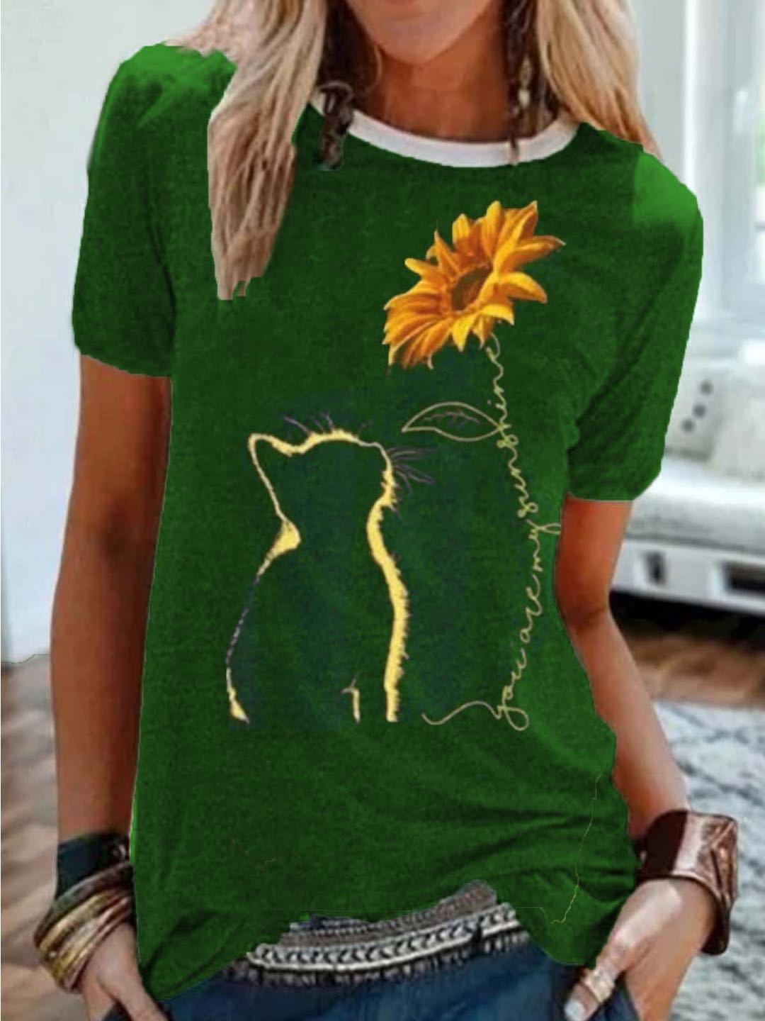 Cat Sunflower Print Short Sleeve T-Shirt Women