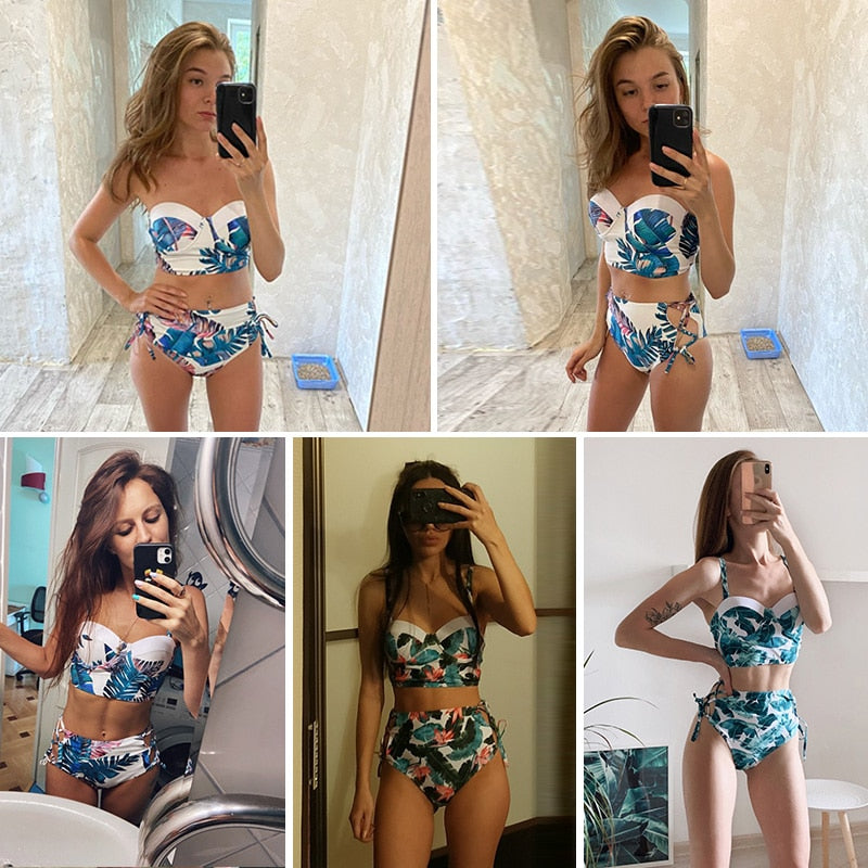 High Waist Swimwear New Leaf Print Bikinis Women Swimsuit Vintage Retro Bathing Suit Halter Biquini Maillot de bain femme - Mammalook
