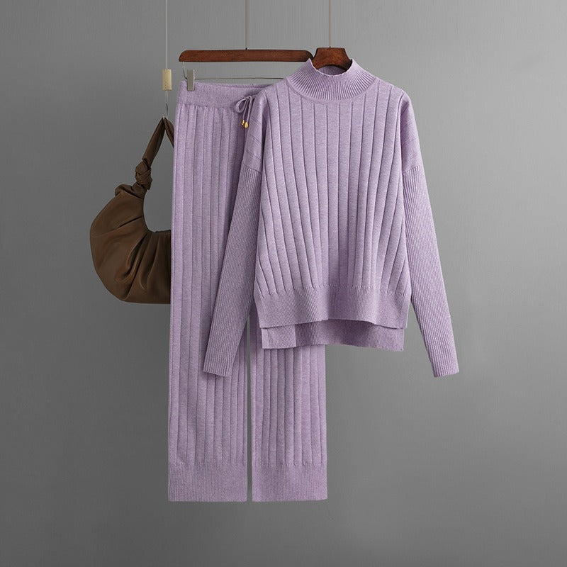 New Autumn and Winter Hollow Half Turtleneck Sweater Set Solid Color Loose Warm Pullover Two-piece Set - Mammalook