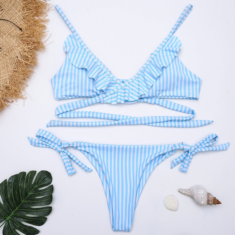 Sexy Criss Cross Bandage Striped Ruffled Biquini Swim Bathing Suit Female Swimsuit High Cut Swimwear Women Push Up Bikini - Mammalook
