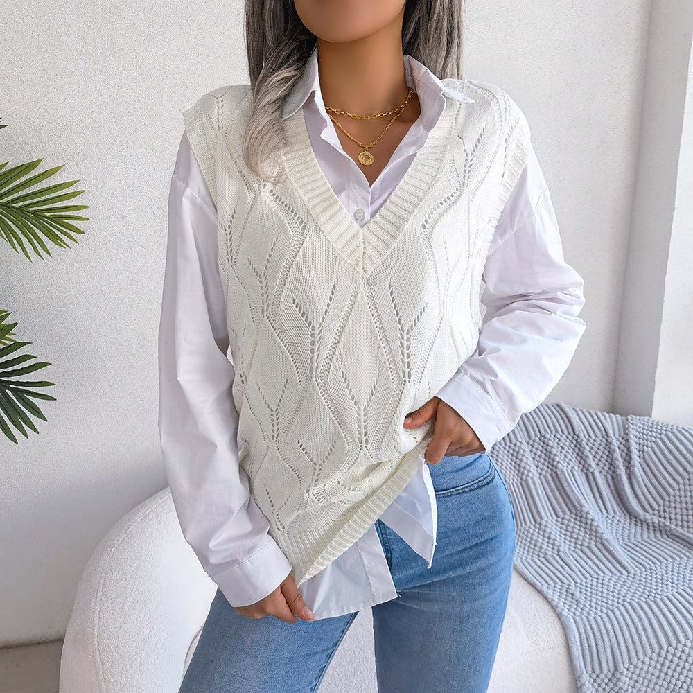 Street Style Hollow Diamond V-Neck Knitted Vest Sweater - Mammalook