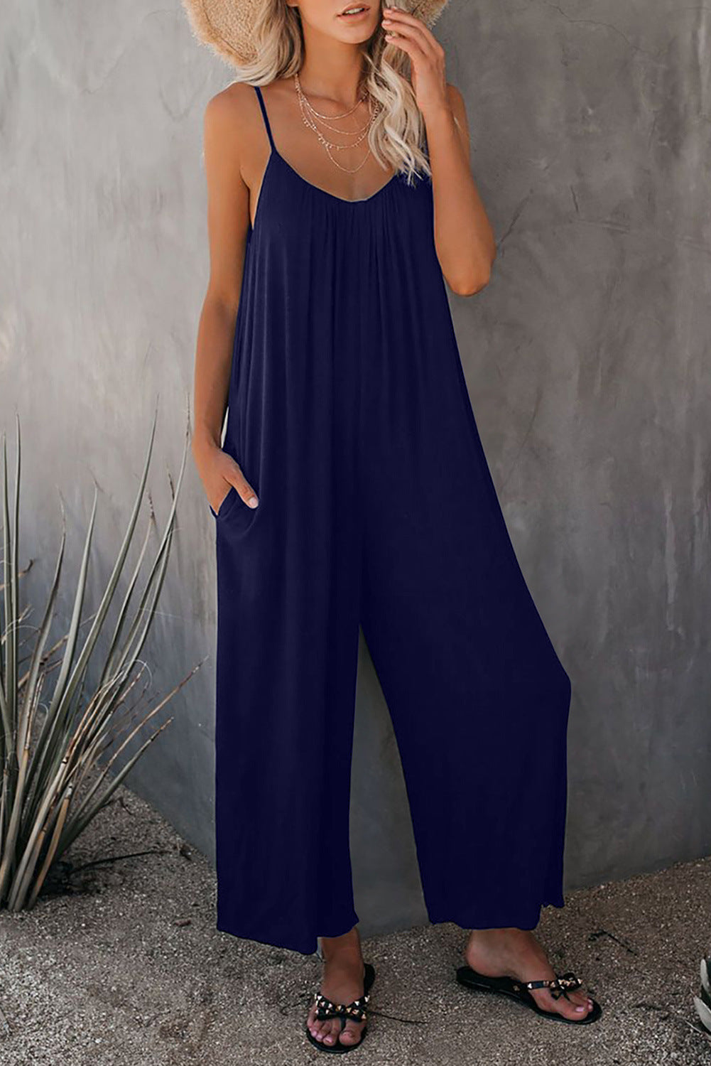 Suspender Jumpsuit Women's Summer Solid Color Slip Pocket Casual Jumpsuit - Mammalook