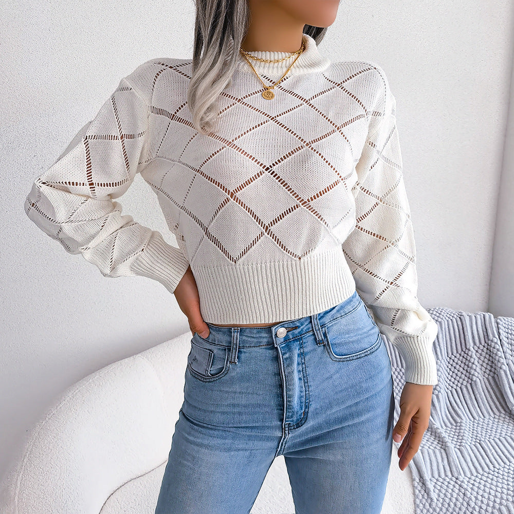 Ins Style Live Shot Autumn And Winter Hollow Plaid Long Sleeve Open Navel Knitting Sweater - Mammalook