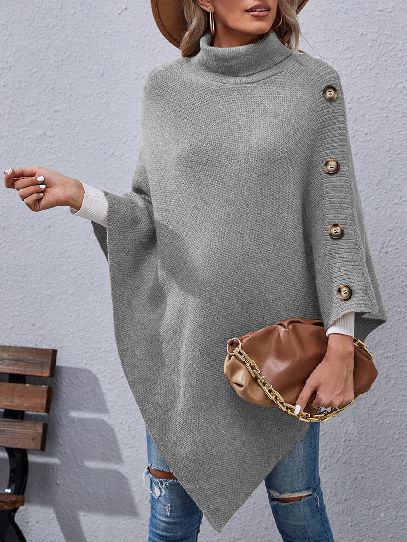 Button High Collar Irregular Sweater Cape for Women - Mammalook
