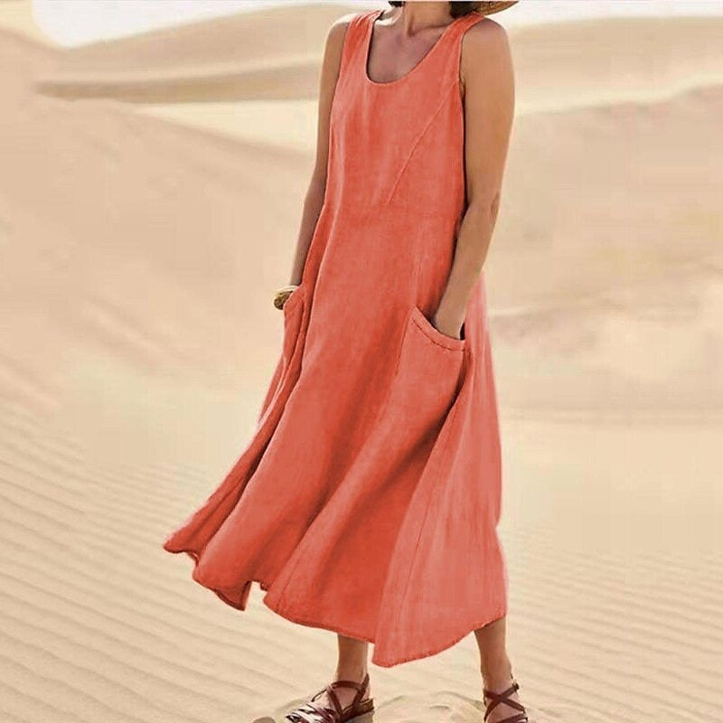 Pocket sleeveless round neck women's cotton and linen dress - Mammalook