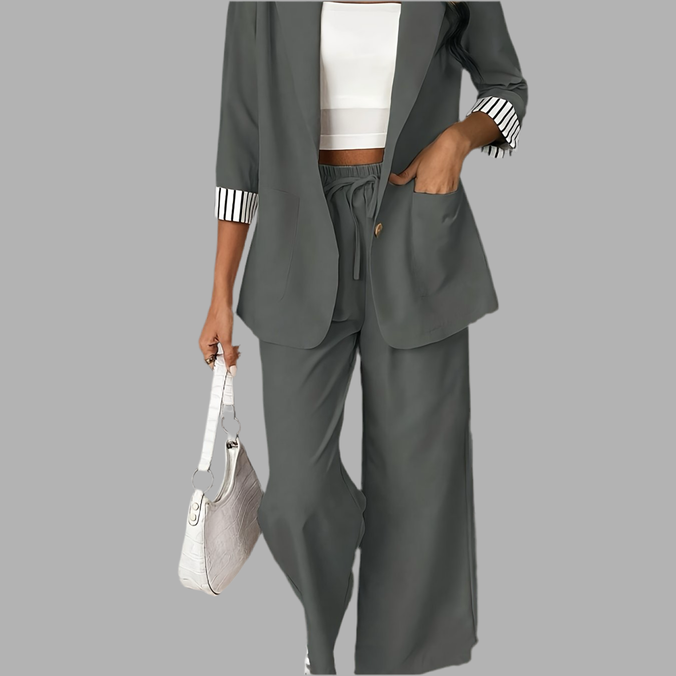 Elegant Two Piece Set, Single-Breasted Pocket Label Neck Striped Three-Quarter Sleeve Blazer & Elastic Waist Wide Leg Pants Outfits, Women's Clothing