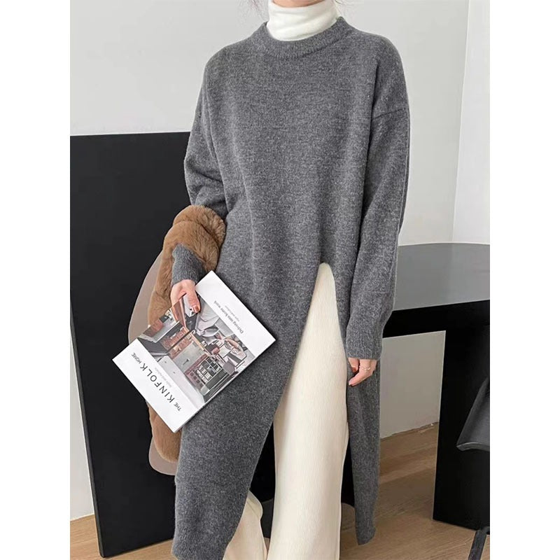 Women's Autumn New Dress O-neck Long Sleeve Loose Knitted Irregular High Split Pullover Sweater Dresses - Mammalook