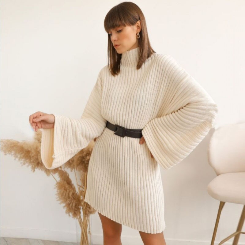Turtleneck Knitted Women's Sweaters Pullover Solid Casual Loose Flare Sleeve Elegant Dresses For Female Winter Ladies Dress - Mammalook
