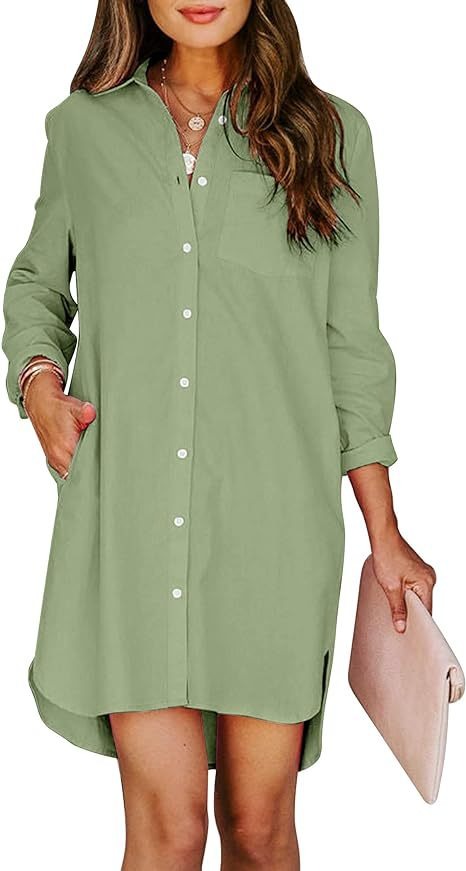 Women's button up shirt dress with pockets, cotton button up waist tied long sleeved solid color high and low shirt - Mammalook