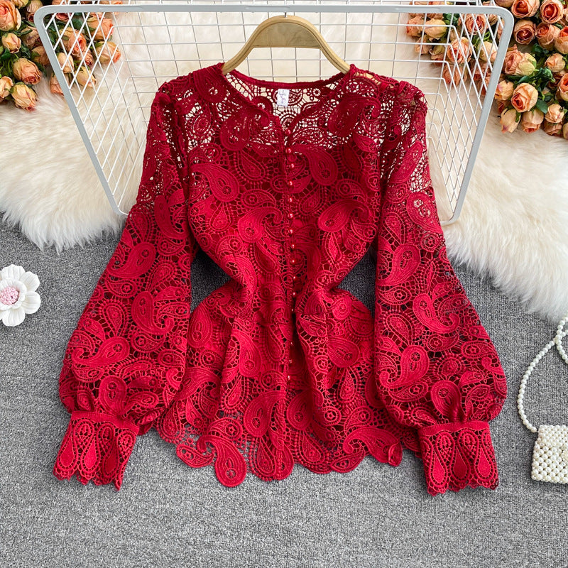 Round Neck Hollow Out Hook Flower Lace Shirt - Mammalook