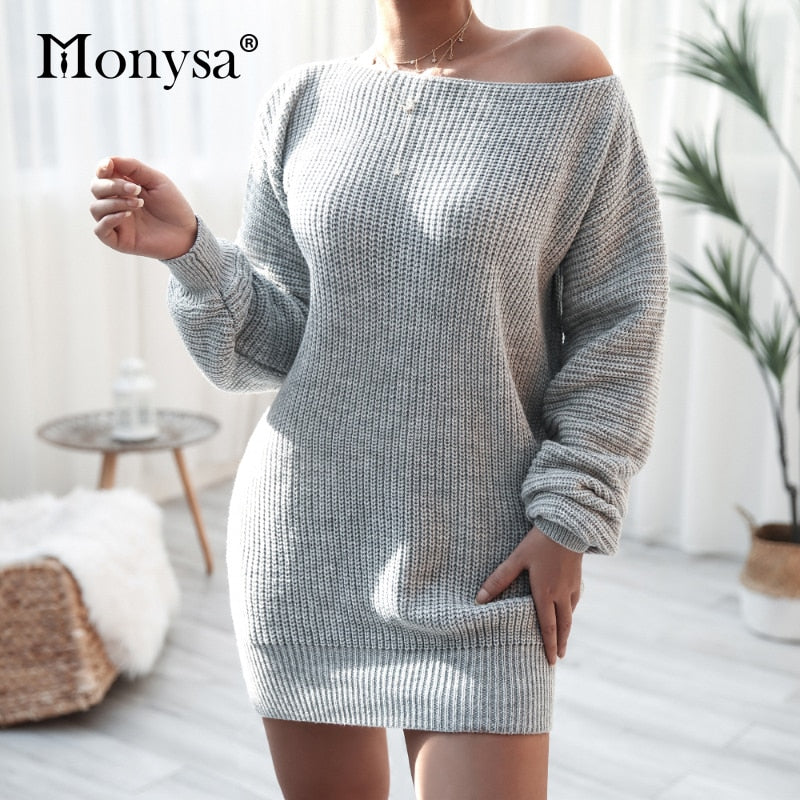 Off Shoulder Knitted Sweater Dresses For Women Autumn Winter Lantern Long Sleeve Dress Ladies Casual Dress White Black - Mammalook
