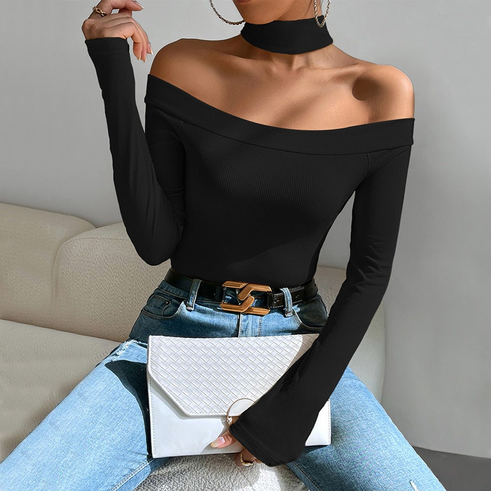 Off shoulder slim knit long sleeved t-shirt with versatile temperament top - Mammalook