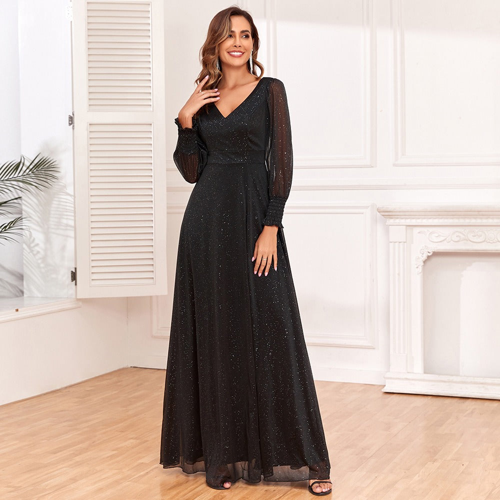 Trendy Luxury Evening Dresses Tulle Long Sleeve V-neck Split A-line Lined prom dresses Shiny Black Bridesmaid Dresses - Mammalook