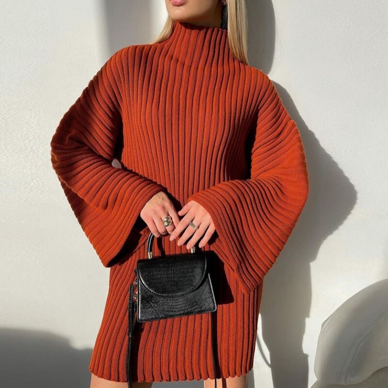 Turtleneck Knitted Women's Sweaters Pullover Solid Casual Loose Flare Sleeve Elegant Dresses For Female Winter Ladies Dress - Mammalook