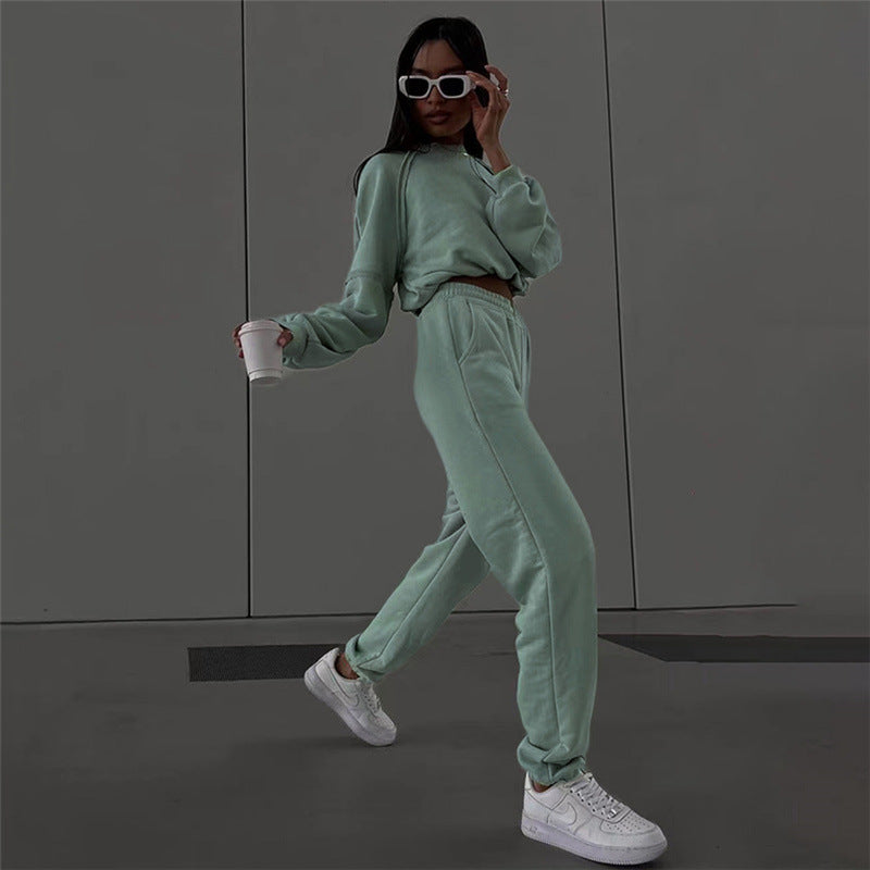 Autumn New Women's Fashion Round Neck Long Sleeve T-shirt Slim Casual Feet Pants Set - Mammalook