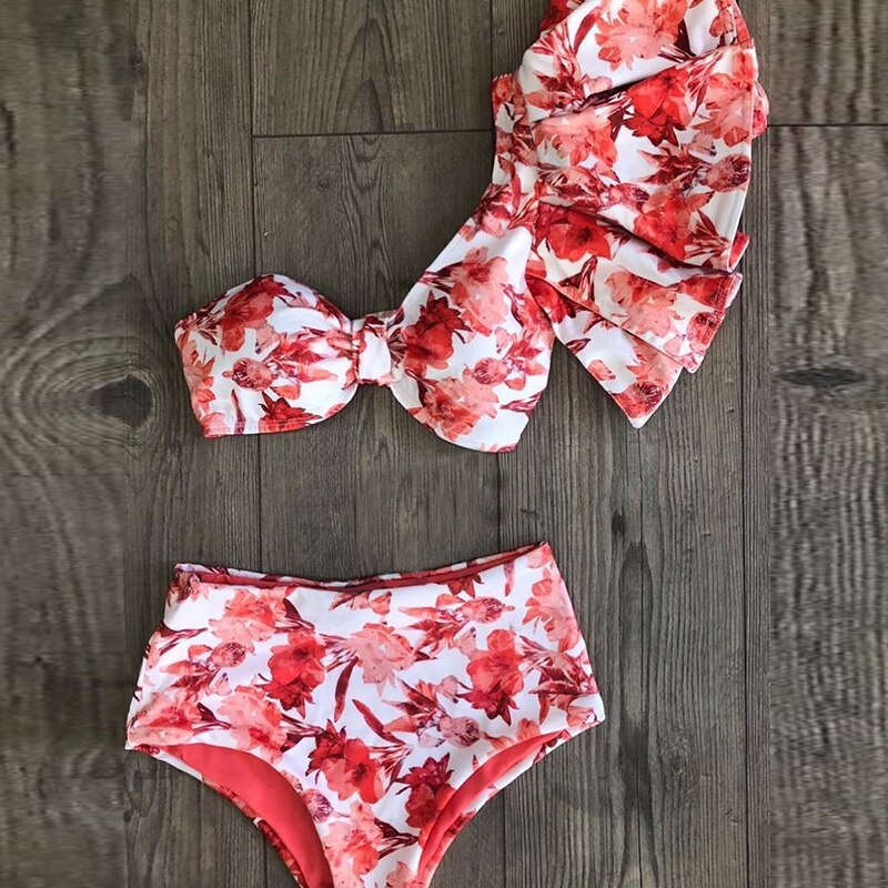 One Shoulder Bikini Set Sexy Ruffle Swimwear Women Swimsuit High Waist Bathing Suit Beachwear Red Print Biquini female - Mammalook