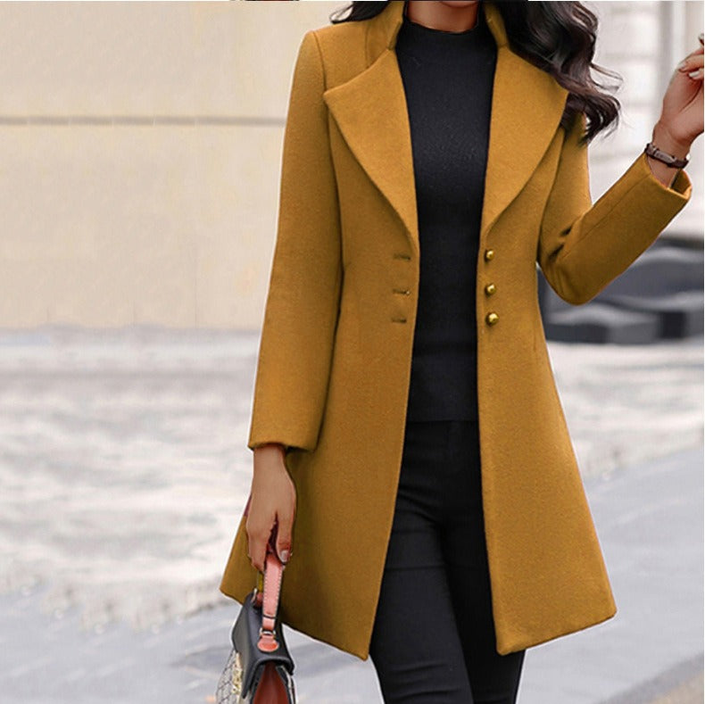 Autumn/Winter Mid length Korean Edition Flip Collar Slim Solid Color Slim Fit Women's Woolen Coat Coat - Mammalook