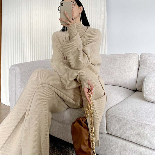 Thickened Sweater Coat – Women's New Knitting Cardigan + Wide Leg Pants Three-Piece Leisure Celebrity Fashion Suit - Mammalook