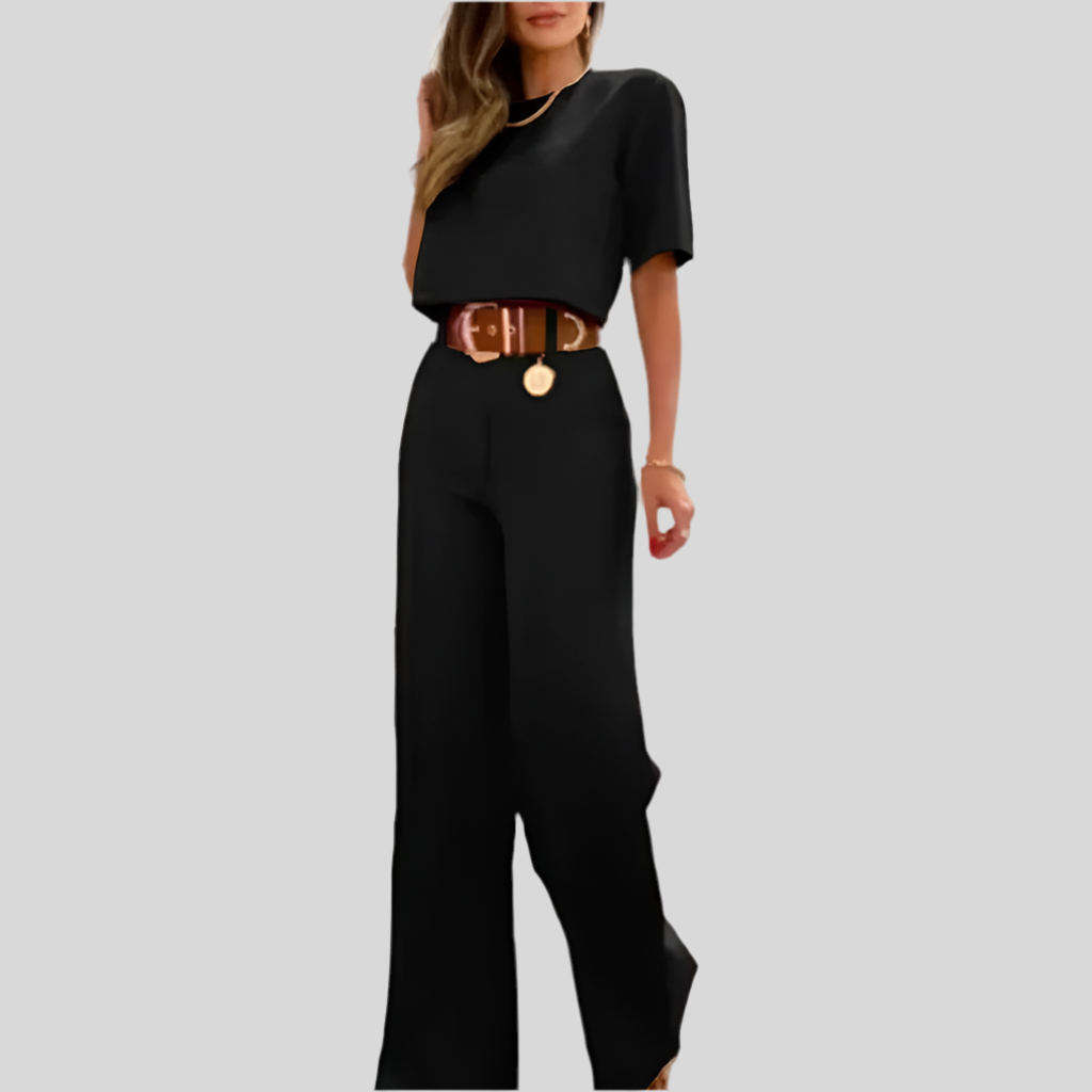 2-Piece Set: Wide-Leg Pants and Short-Sleeve Blouse