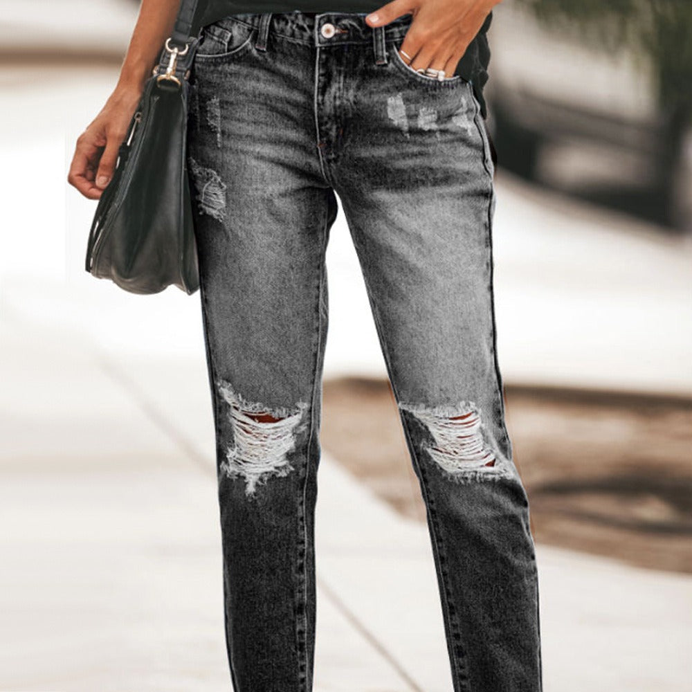 High Waist Women Straight Leg Jeans New Retro Blue Ripped Straight Leg Pants Loose Casual Pencil Jeans Women's Street Pants - Mammalook
