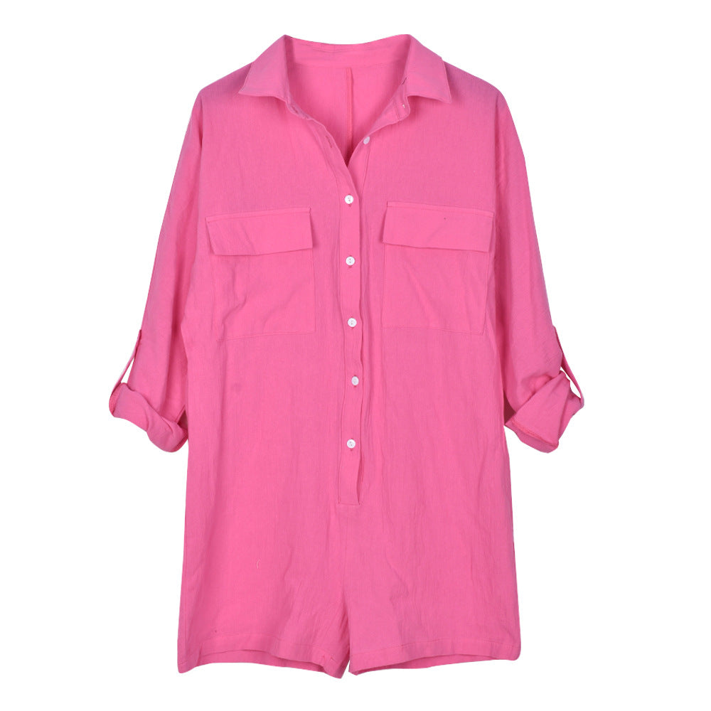 Summer Loose Button Up Shirt Collar Belt Short Sleeve Jumpsuit For Women - Mammalook