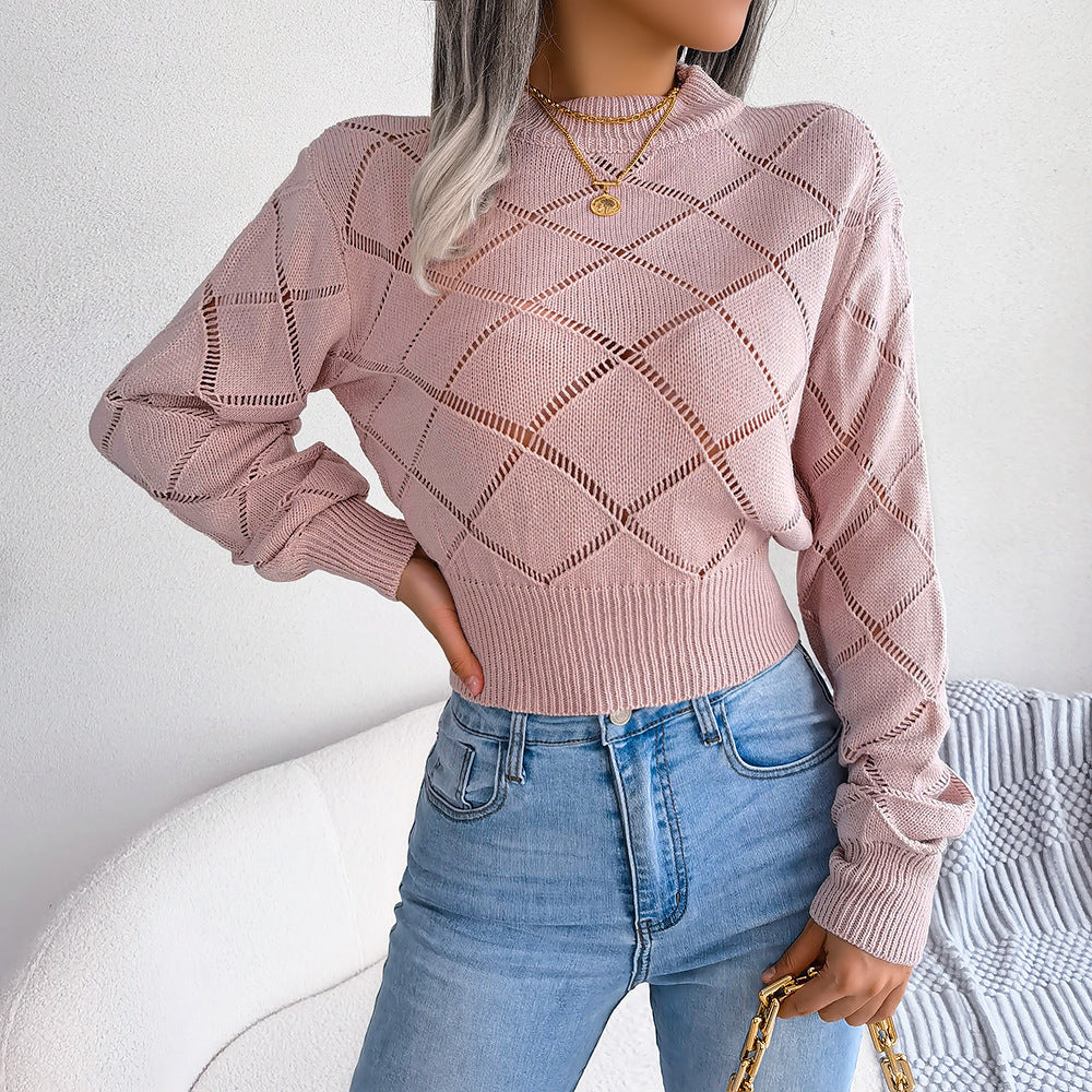 Ins Style Live Shot Autumn And Winter Hollow Plaid Long Sleeve Open Navel Knitting Sweater - Mammalook