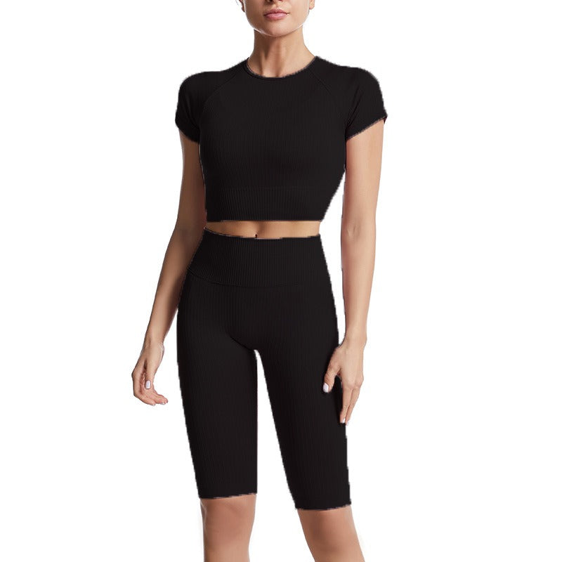 Threaded Yoga Suit Sportswear Summer Short-Sleeved Shorts Bra Tight-Fitting Clothes - Mammalook