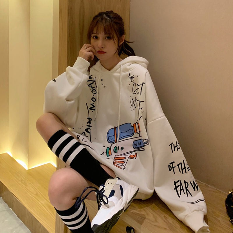Sweater women's winter plush and thick coat women's fashion Instagram autumn/winter Korean loose mid length versatile hooded top - Mammalook